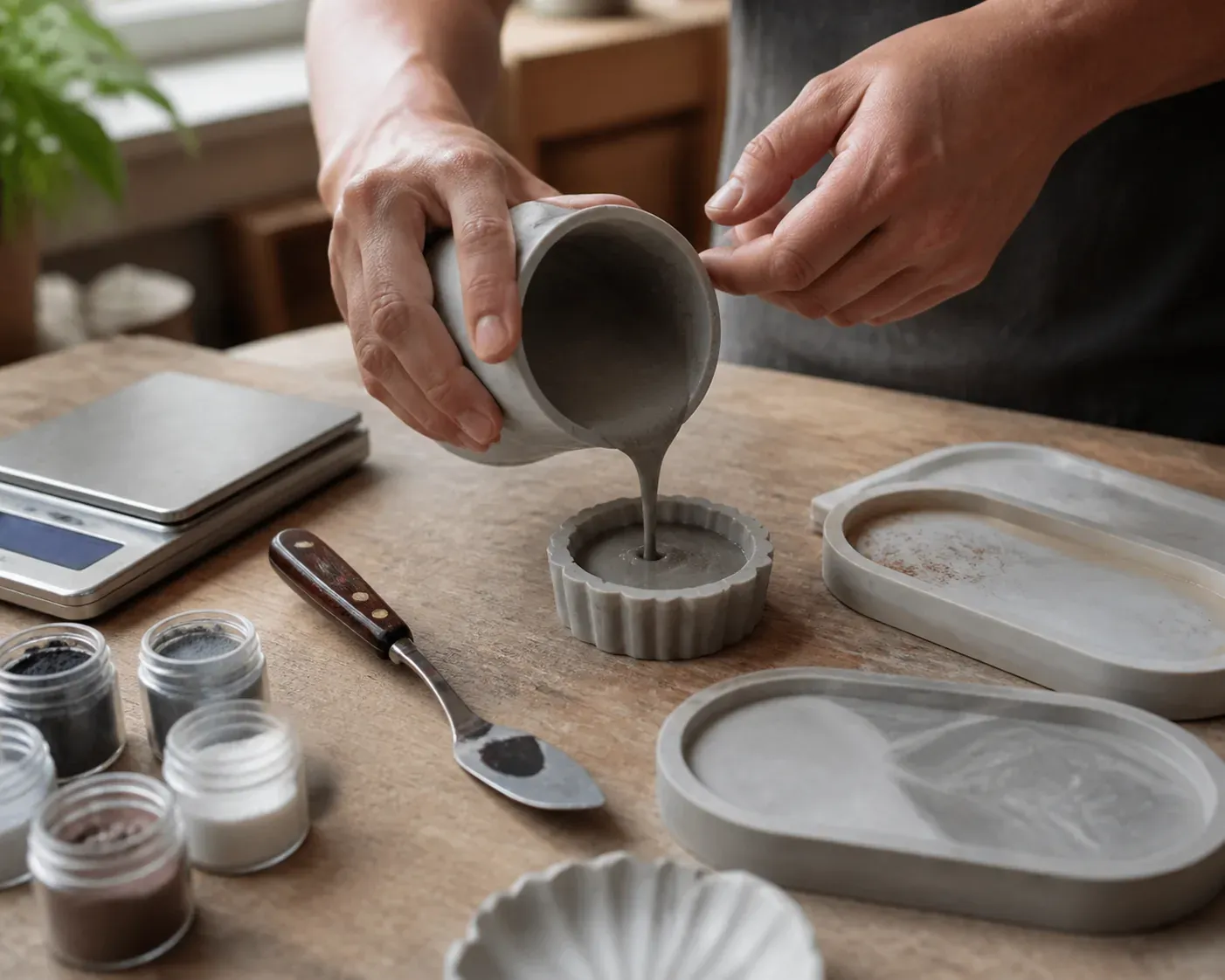 Photographie d'atelier illustrant le guide Jesmonite : Le béton créatif permet de mouler des objets déco durables