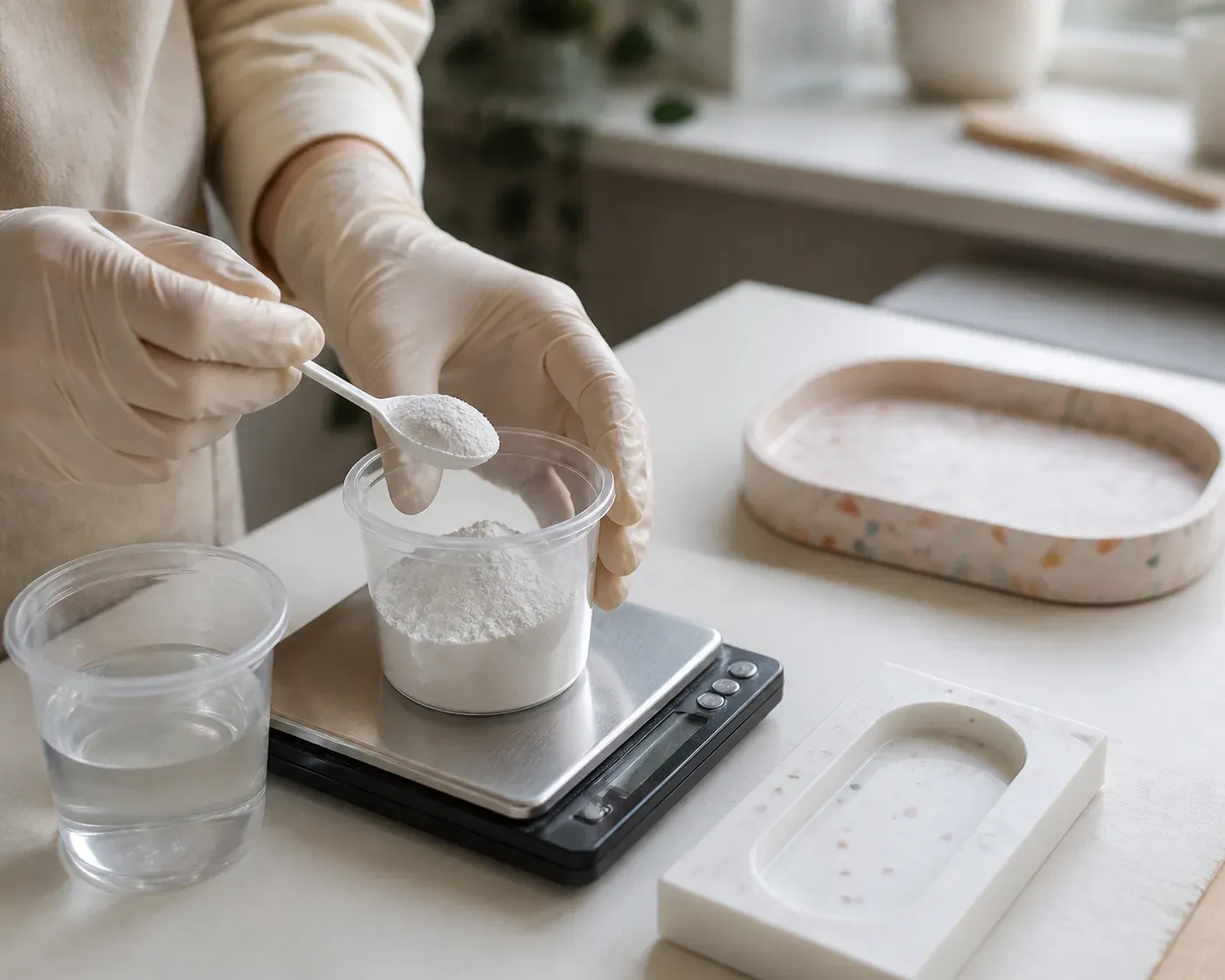 Photographie d'atelier illustrant le guide Jesmonite : Comment faire de la Jesmonite pour un premier moulage réussi