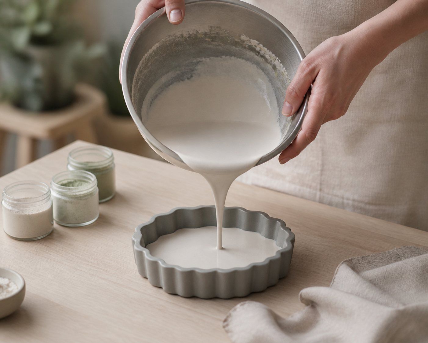 Deux mains versent le mélange de Jesmonite couleur craie dans un moule en silicone posé sur un plan de travail