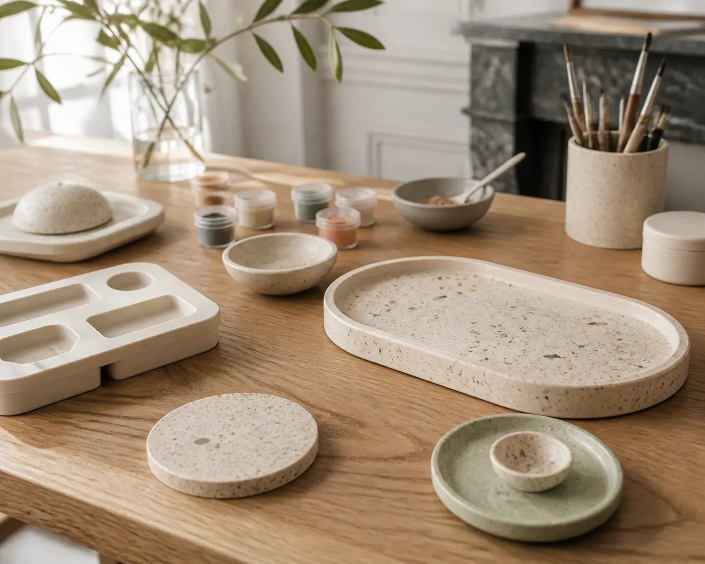 Photographie d'atelier illustrant le guide Jesmonite : La jesmonite inspire des idées de décoration pour la maison