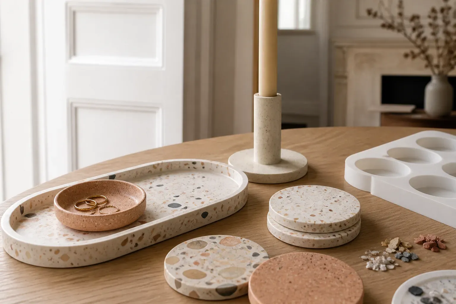 Photographie d'atelier illustrant le guide Jesmonite : Quelles idées d’Objets déco en jesmonite pour la maison ?
