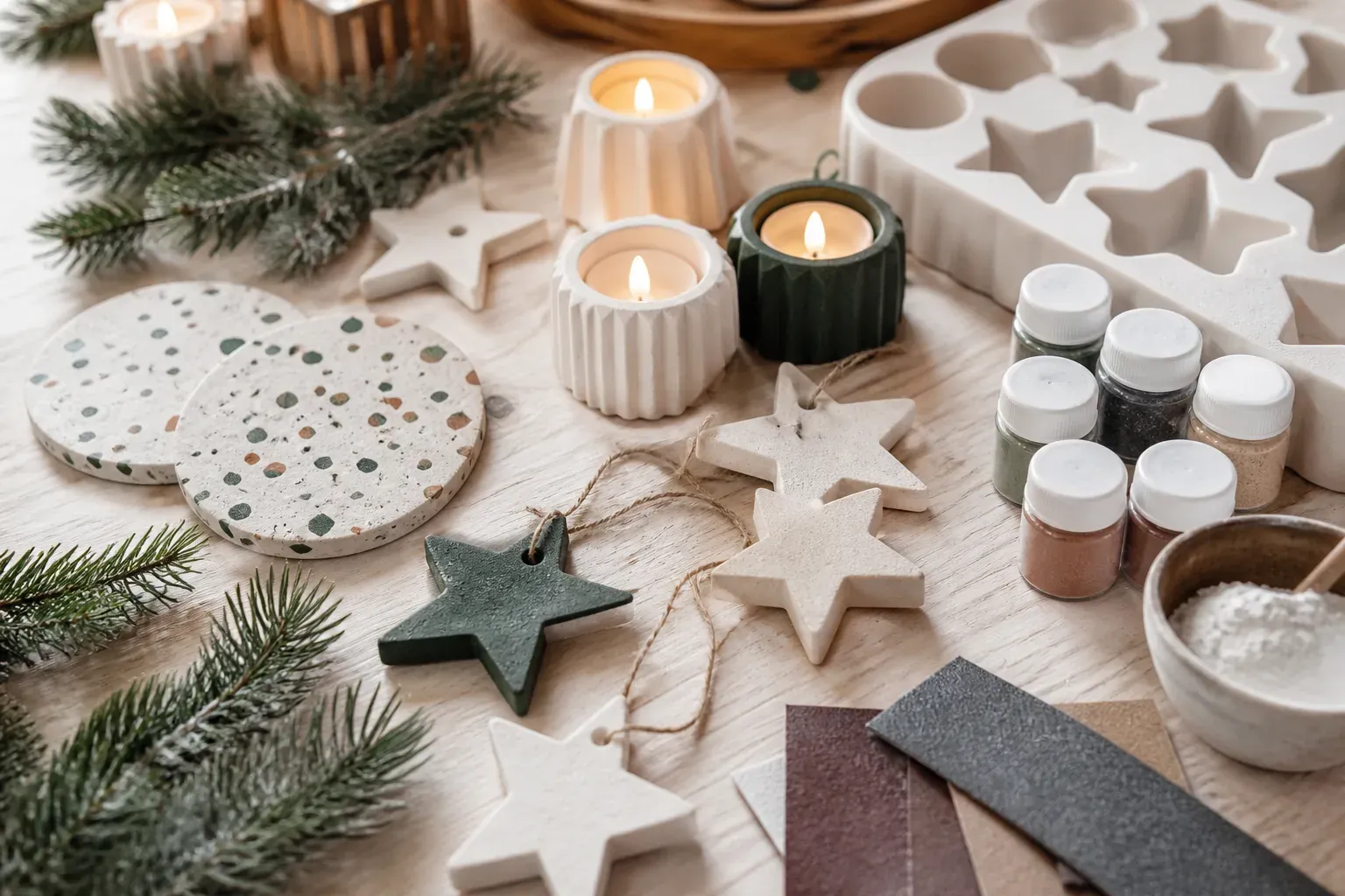 Photographie d'atelier illustrant le guide Jesmonite : Des idées d’objets en Jesmonite pour un Noël fait main
