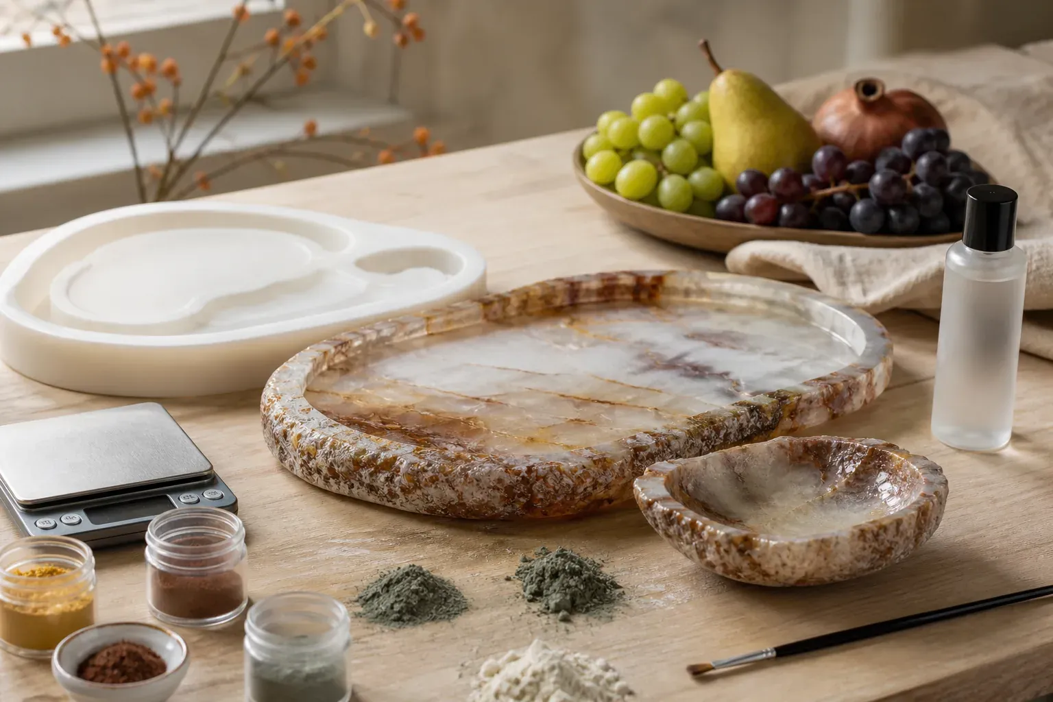 Photographie d'atelier illustrant le guide Jesmonite : La jesmonite alimentaire existe-t-elle vraiment pour vos créations ?