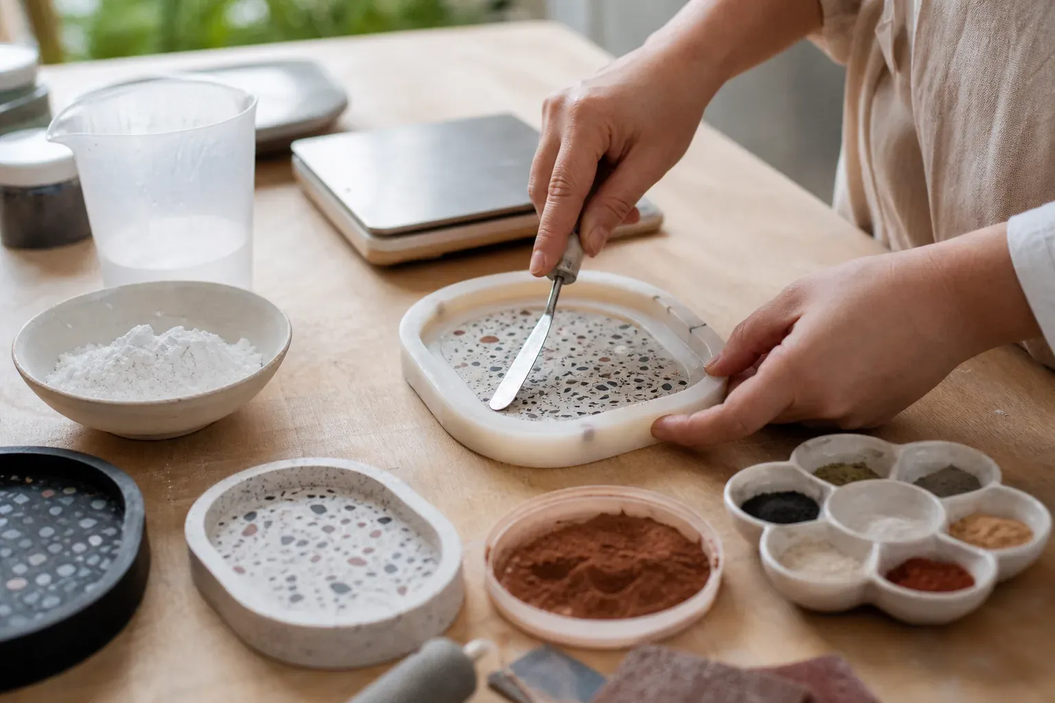 Photographie d'atelier illustrant le guide Jesmonite : La jesmonite DIY vous permet de créer vos objets déco
