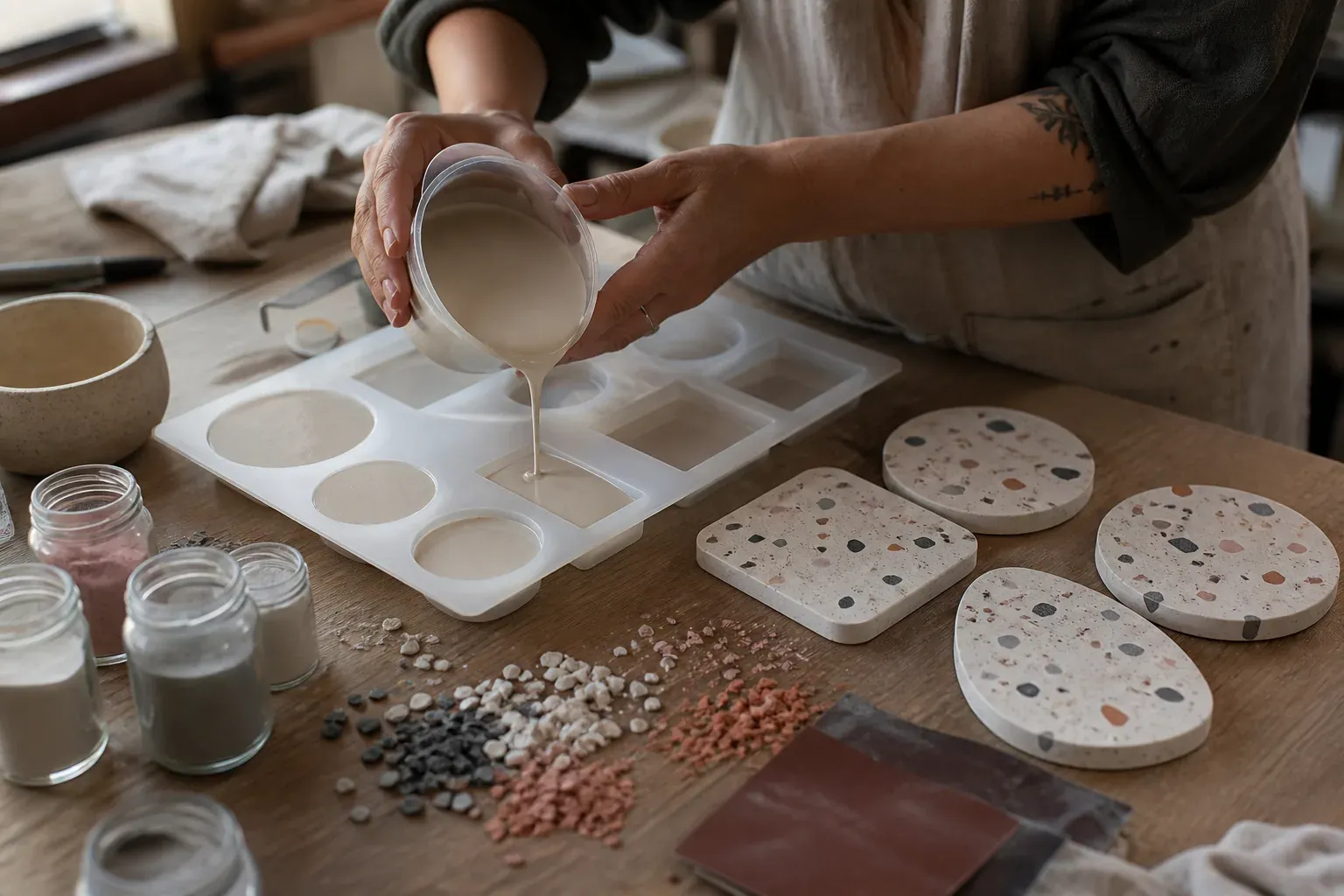Photographie d'atelier illustrant le guide Jesmonite : La jesmonite en France : choisir ses kits de moulage