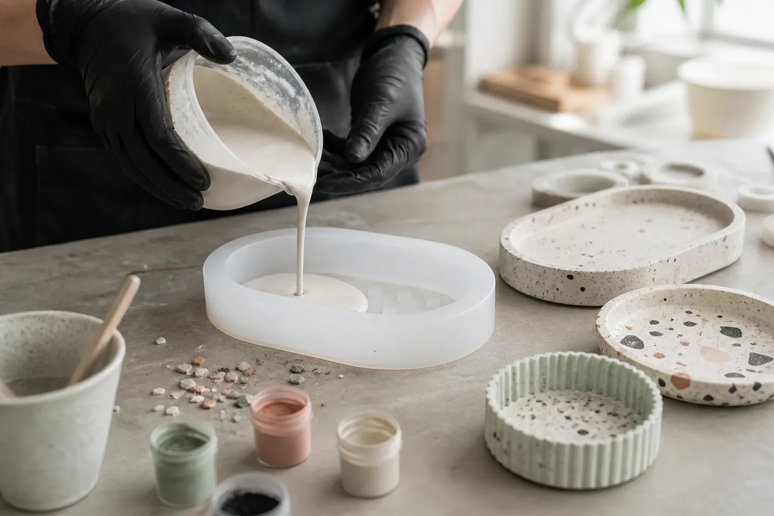 Photographie d'atelier illustrant le guide Jesmonite : Quel moule béton créatif choisir pour réussir ses objets décoratifs ?