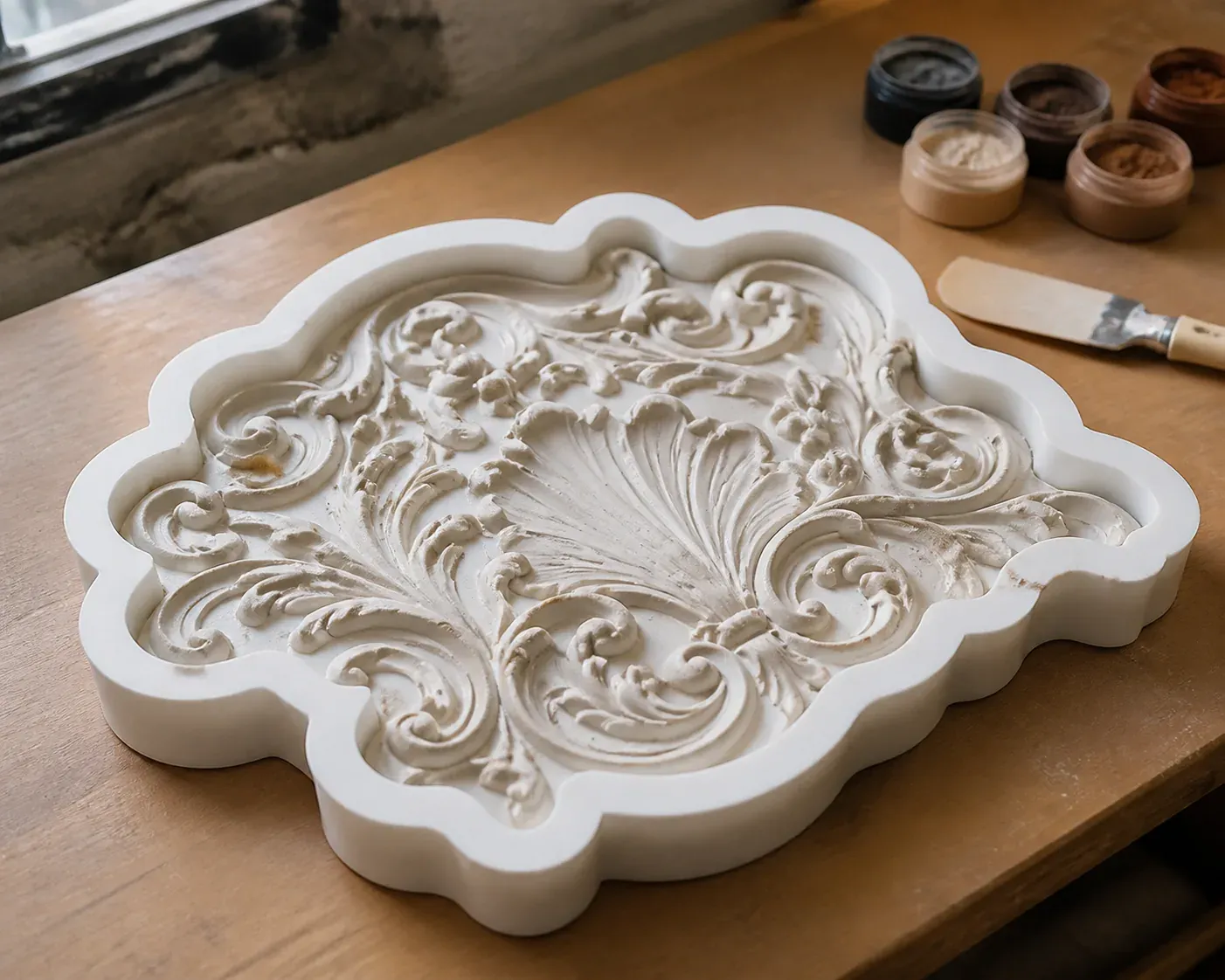 Photographie d'atelier illustrant le guide Jesmonite : Le moule silicone arabesque révèle des ornements nets en Jesmonite
