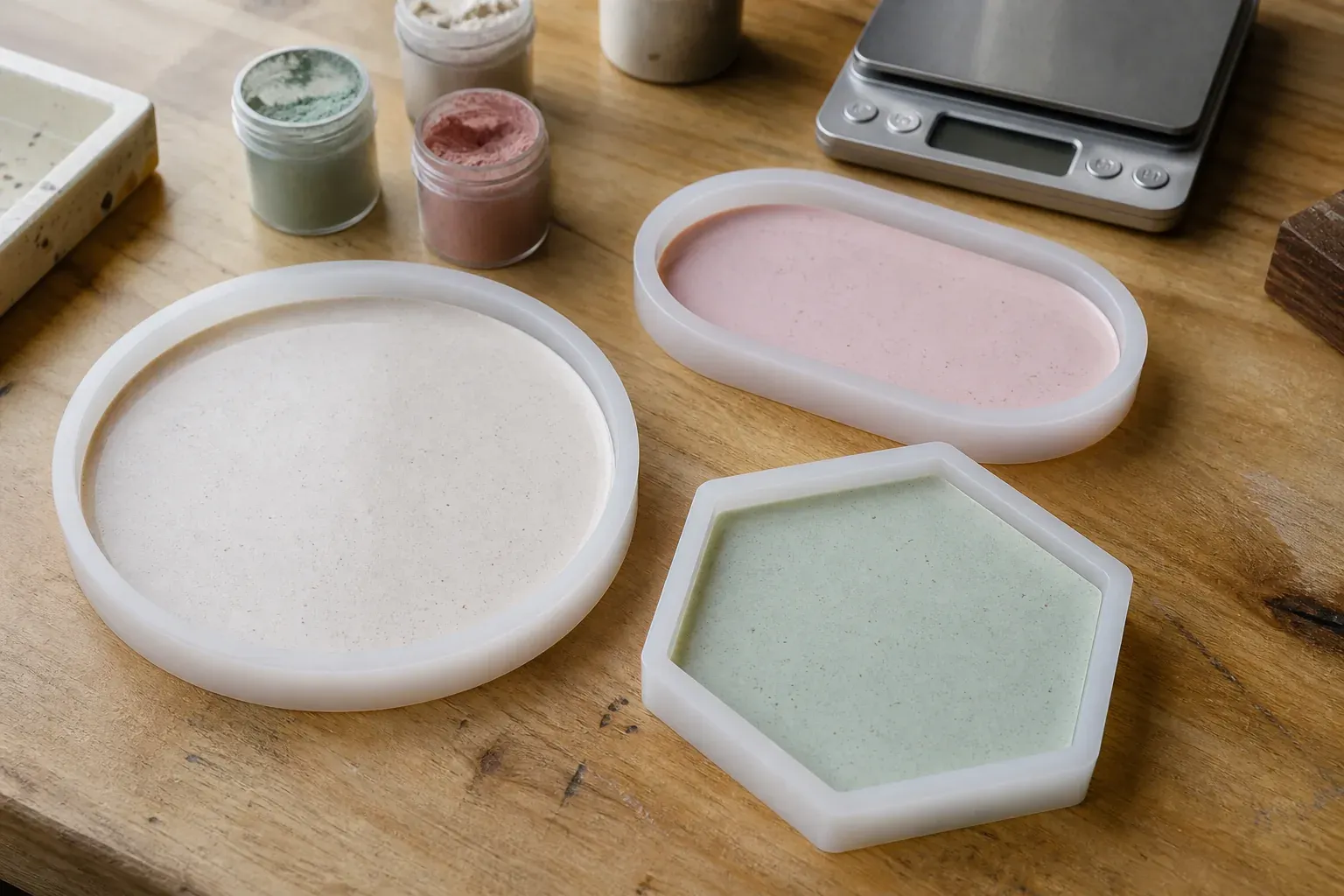Photographie d'atelier illustrant le guide Jesmonite : Moule silicone Jesmonite : choisir et réussir vos objets déco
