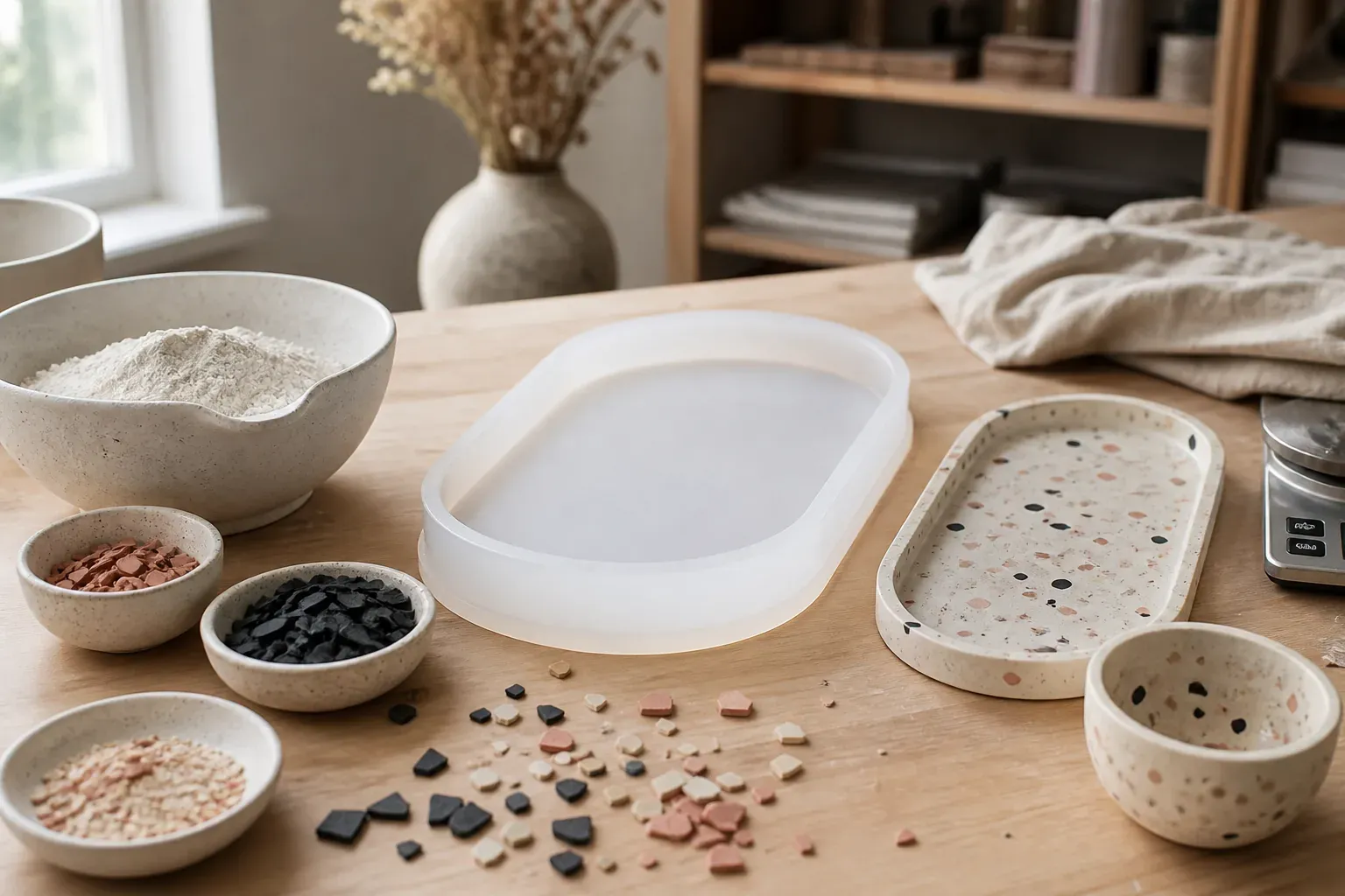 Photographie d'atelier illustrant le guide Jesmonite : Le moule silicone de loisir créatif : choix et démoulage