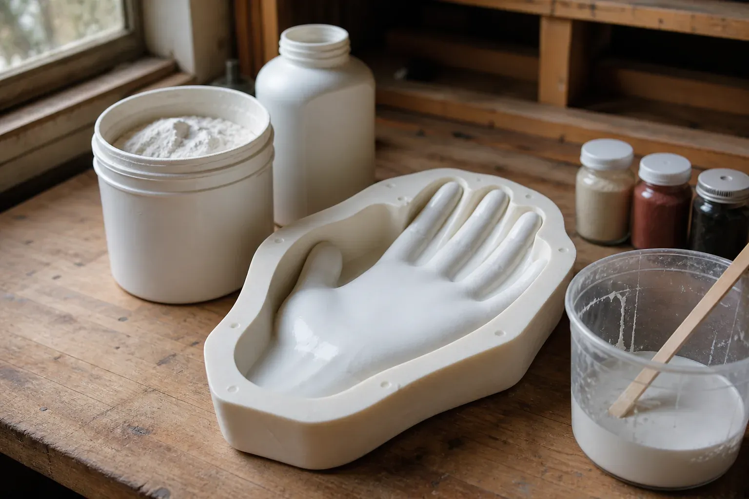 Photographie d'atelier illustrant le guide Jesmonite : Le moule silicone main adapté à votre projet créatif
