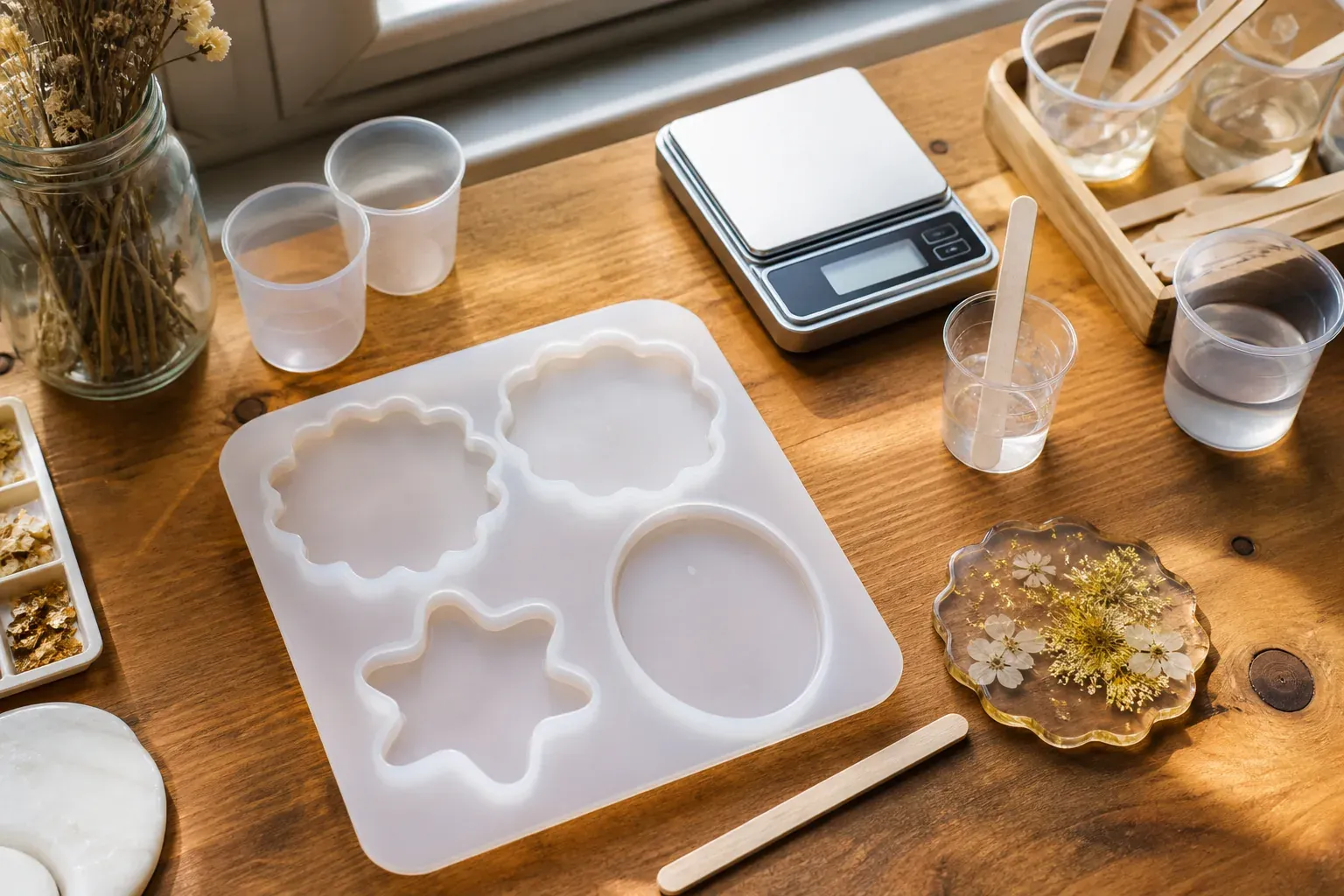 Photographie d'atelier illustrant le guide Jesmonite : Un moule silicone pour époxy adapté évite les défauts de coulée