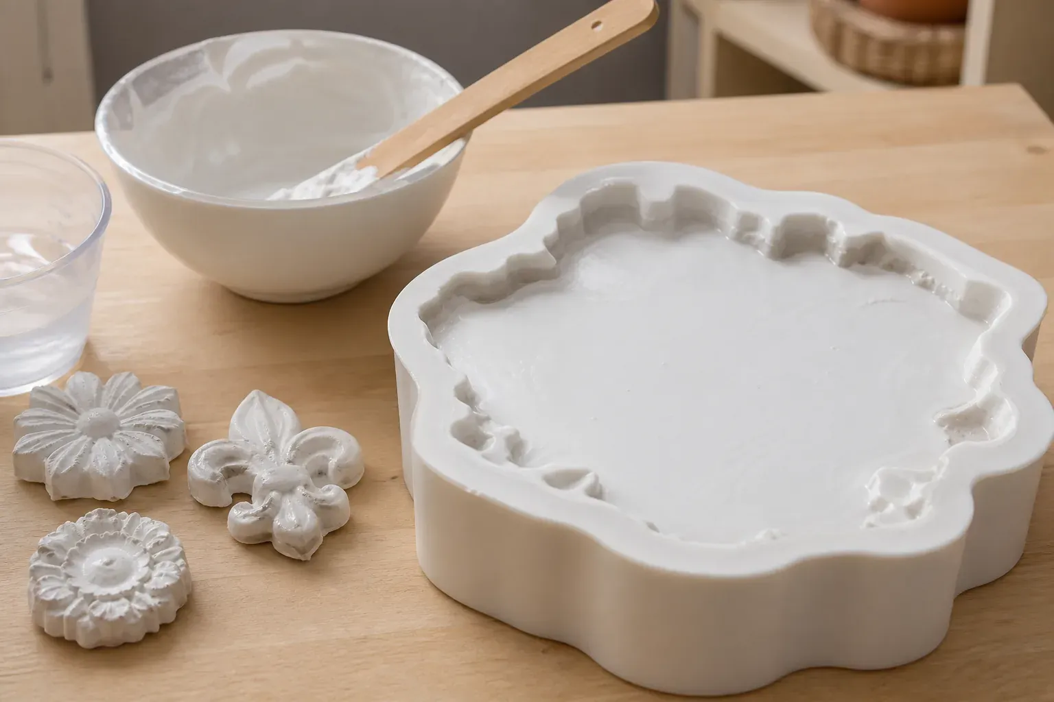 Photographie d'atelier illustrant le guide Jesmonite : Un moule silicone pour plâtre bien choisi facilite le coulage