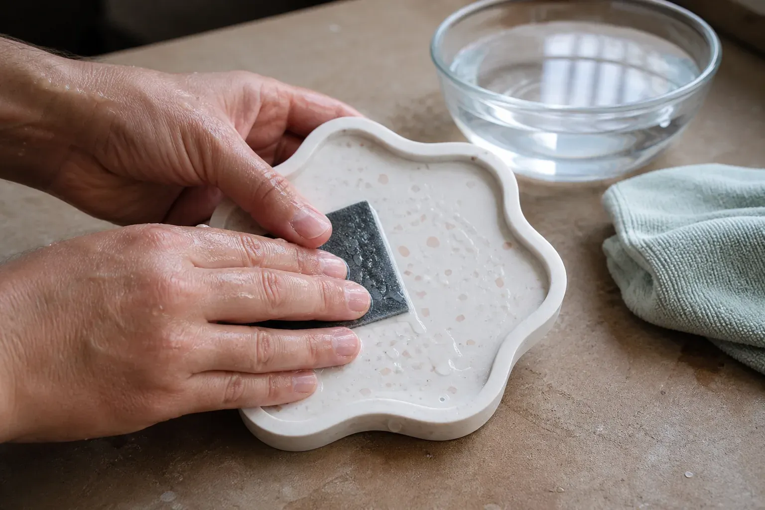 Photographie d'atelier illustrant le guide Jesmonite : Le ponçage humide de la Jesmonite exige un geste mesuré