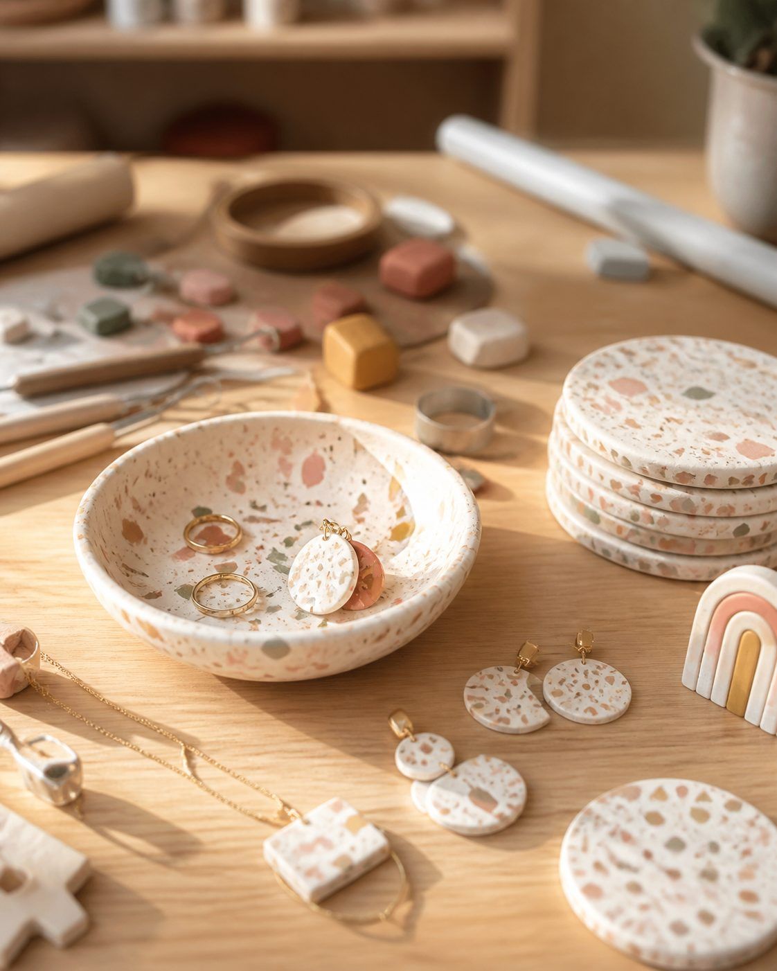 Accessoires déco tendance terrazzo : coupelle, sous-verres, bijoux et objets en pâte polymère
