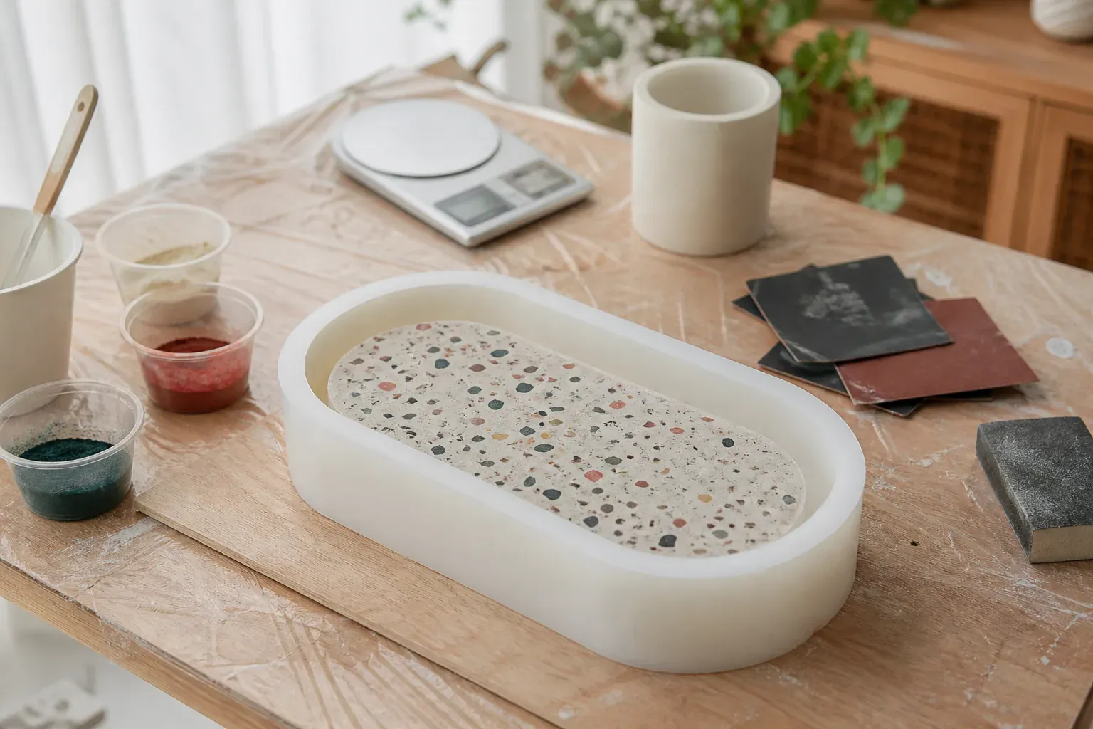 Photographie d'atelier illustrant le guide Jesmonite : Un terrazzo DIY réussi commence par des éclats bien dosés