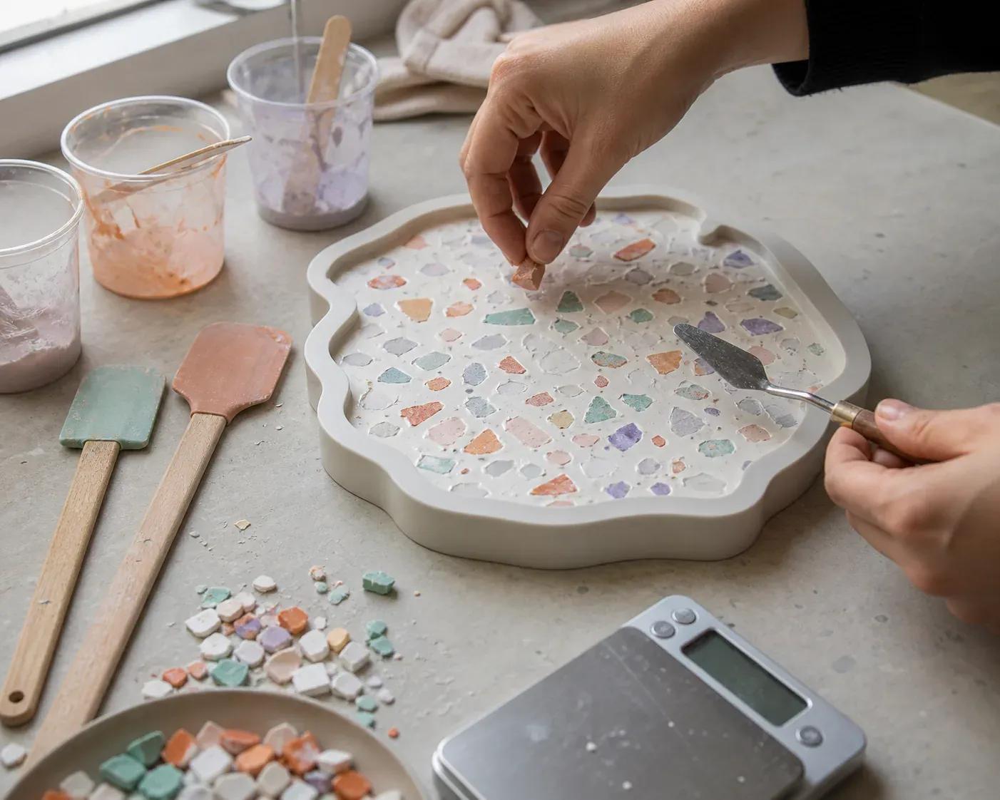 Photographie d'atelier illustrant le guide Jesmonite : Ce tuto de décoration murale en Jesmonite se réalise en 4 étapes
