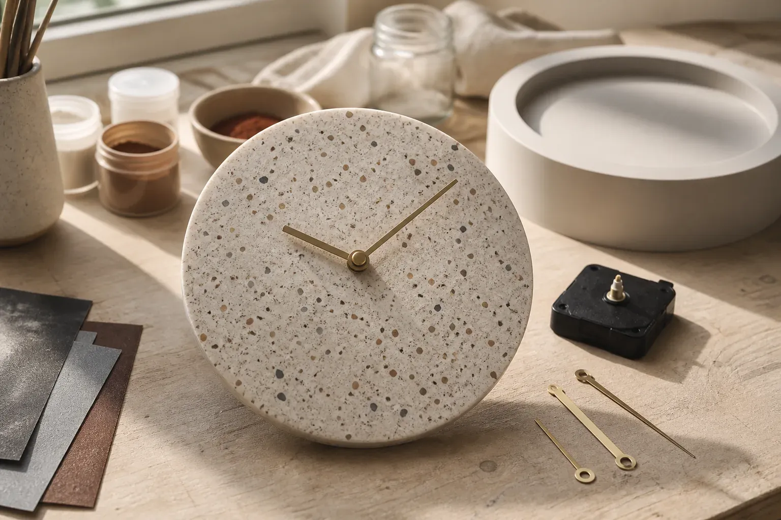 Photographie d'atelier illustrant le guide Jesmonite : Ce tuto d’horloge en Jesmonite crée un cadran qui fonctionne