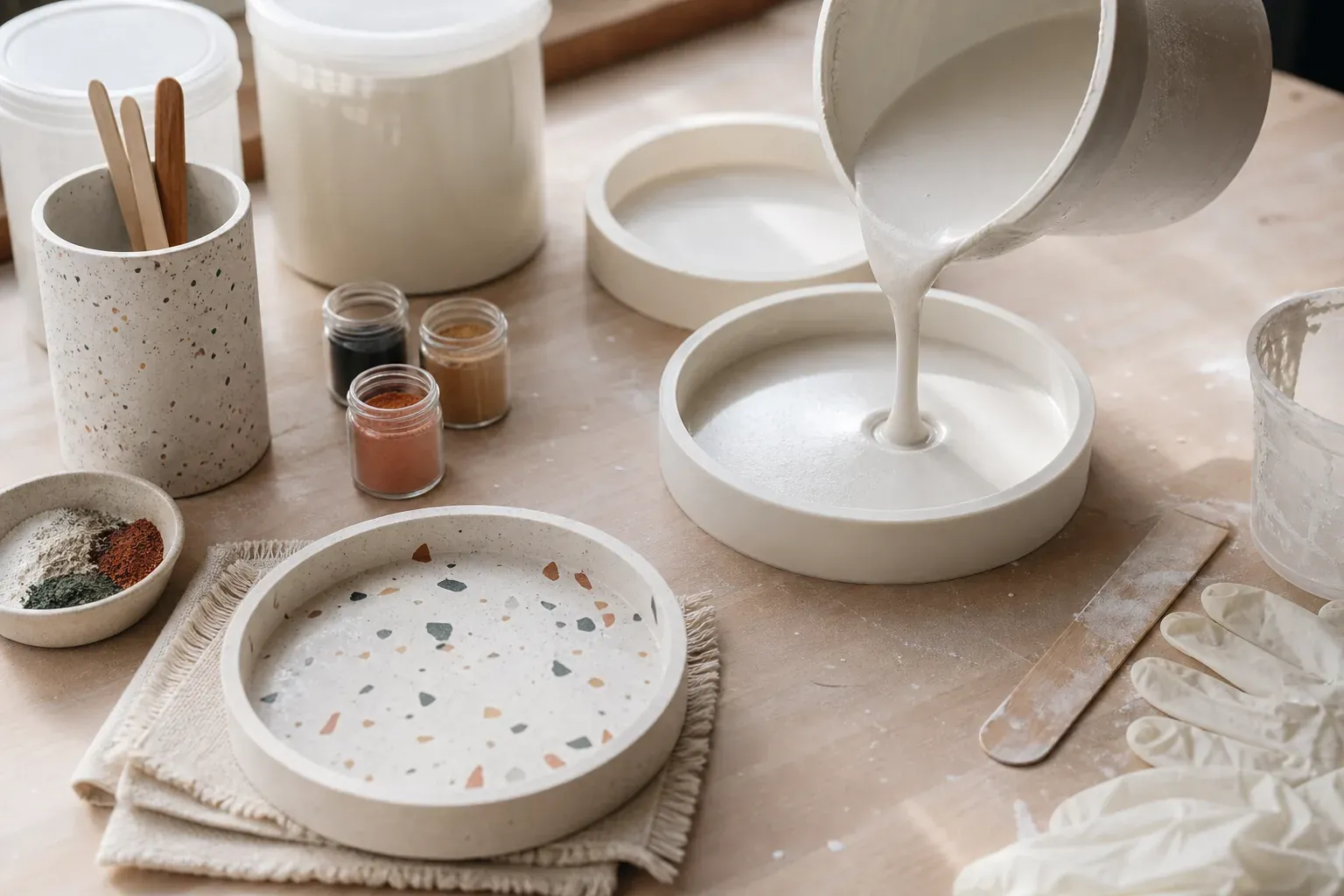 Photographie d'atelier illustrant le guide Jesmonite : Ce tuto Jesmonite vous aide à mouler sans rater votre premier objet
