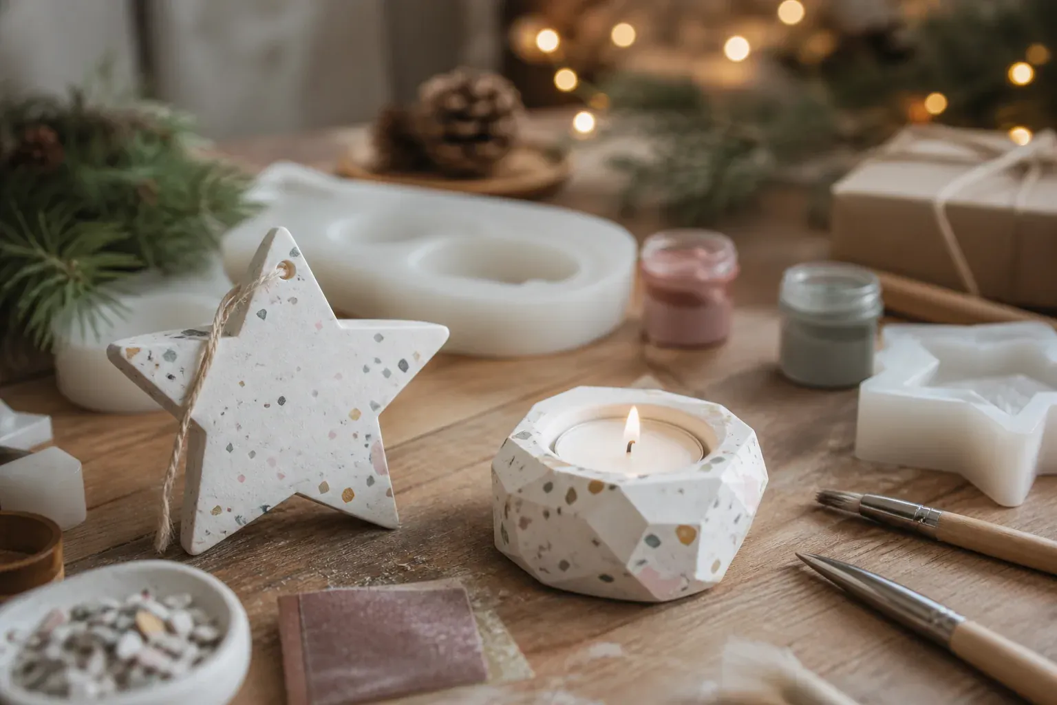 Photographie d'atelier illustrant le guide Jesmonite : Un tuto pour créer un objet de Noël en Jesmonite à offrir